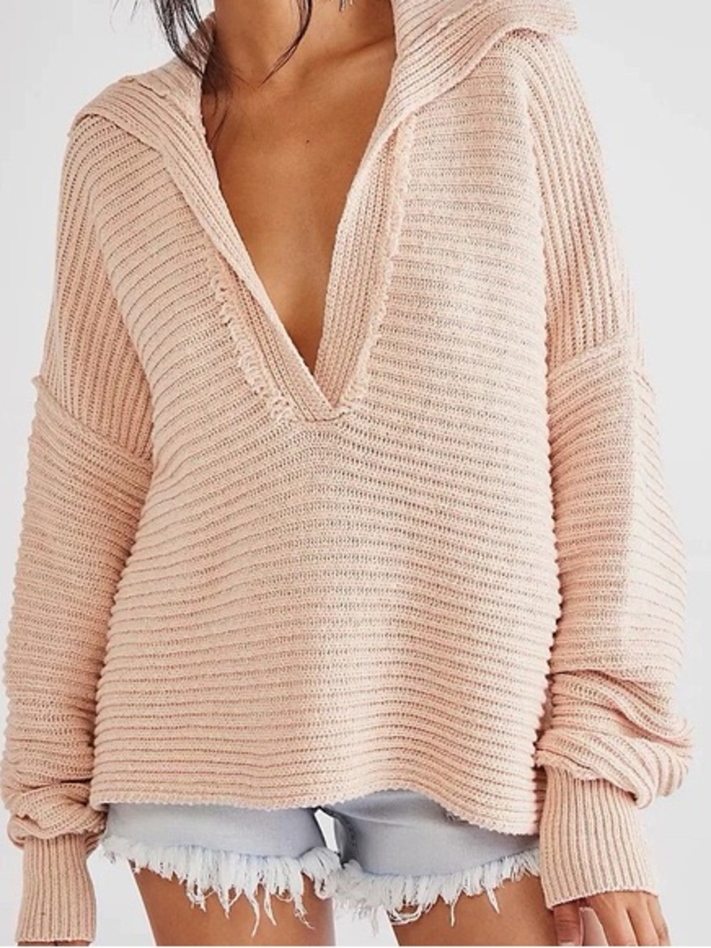 Free People V-Neck Ribbed Sweater in Blush